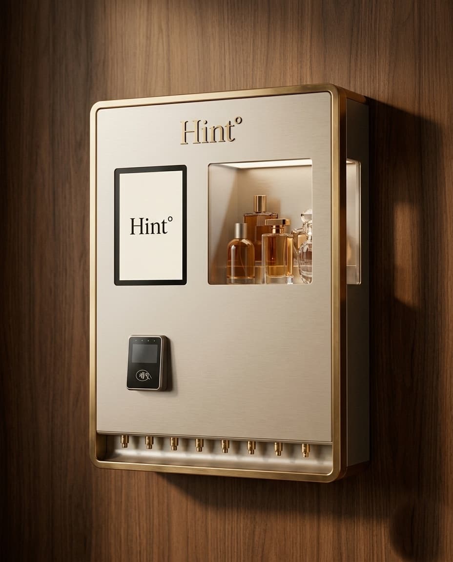 Máquina Hint de perfume premium en acabado Ivory · Cream, montada en pared de madera cálida